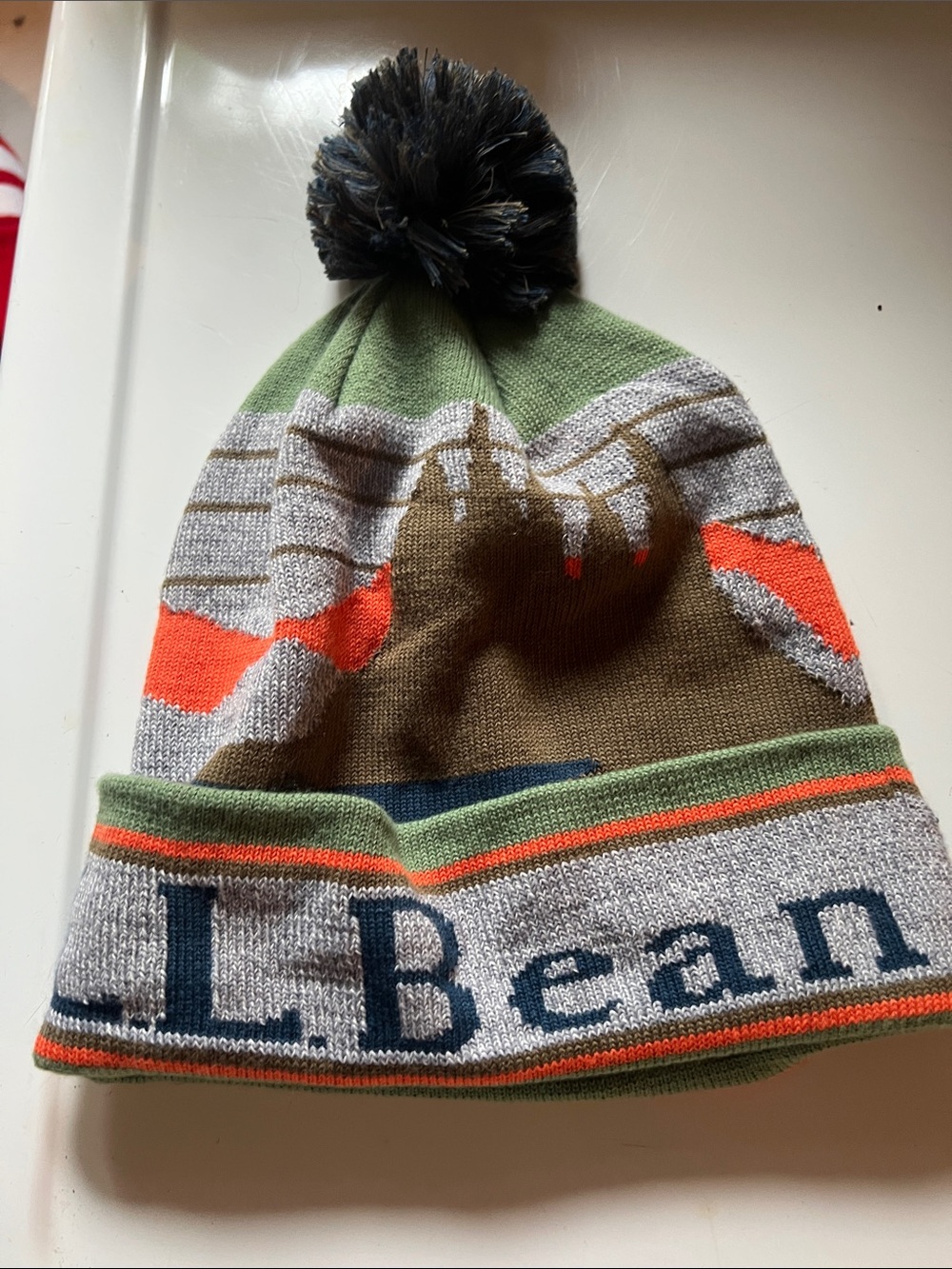 L.L. Bean Green Scenic Pom-Pom Adult Beanie with Multicolor Stripes